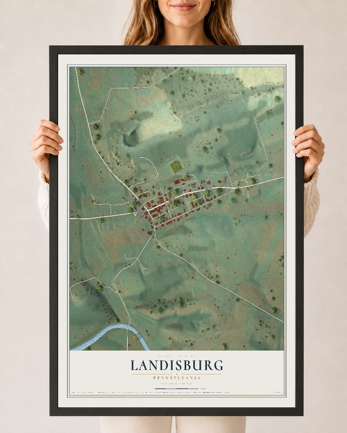 Map of Landisburg, Pennsylvania, 24 x 36 inch print in a black wood frame