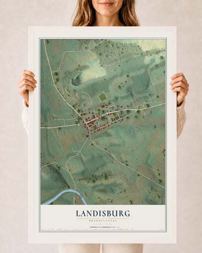 Map of Landisburg, Pennsylvania, 24 x 36 inch print in a white wood frame