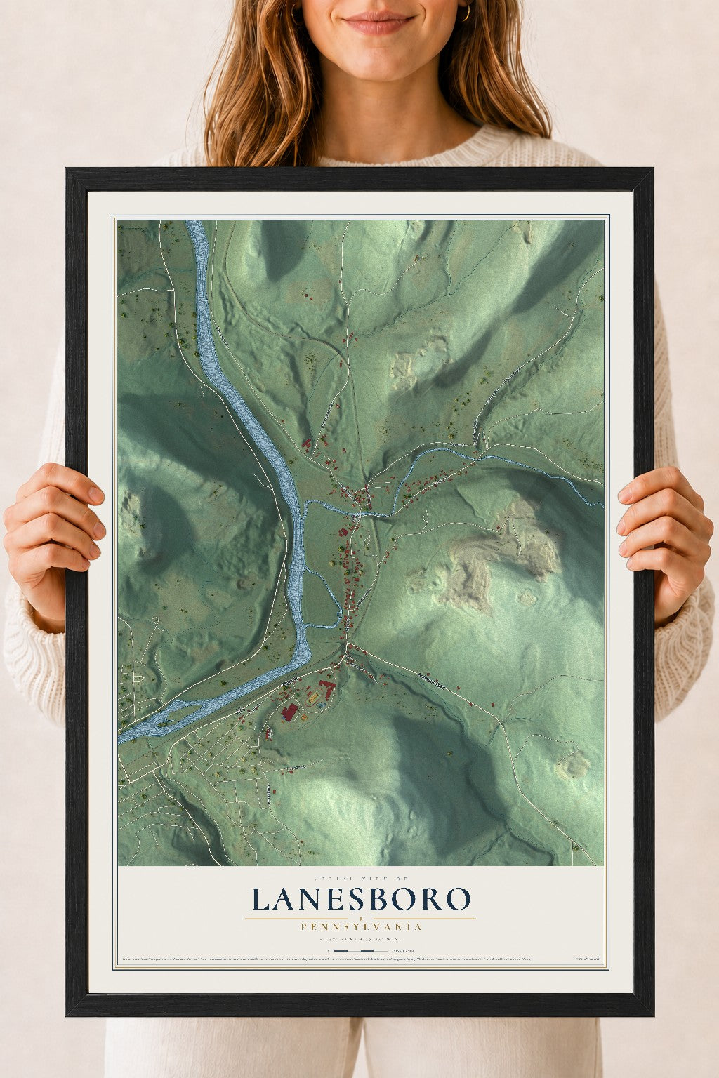 Map of Lanesboro, Pennsylvania, 18 x 24 inch print in a black wood frame
