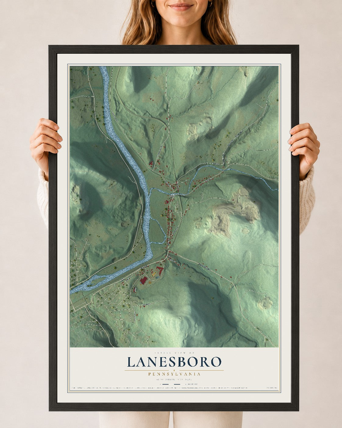 Map of Lanesboro, Pennsylvania, 24 x 36 inch print in a black wood frame