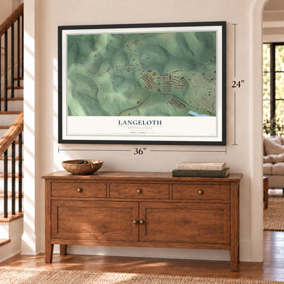 Langeloth, Pennsylvania map, 24 x 36 inch print in a black frame above a dresser by a staircase