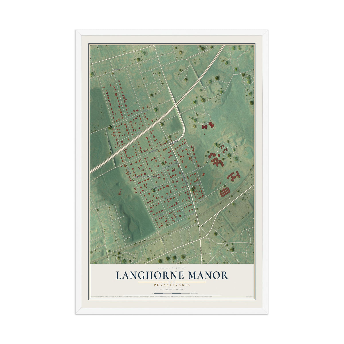 Map of Langhorne Manor, Pennsylvania, 12 x 18 inch print in a white wood frame