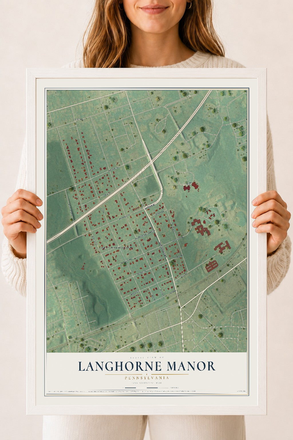 Map of Langhorne Manor, Pennsylvania, 18 x 24 inch print in a white wood frame