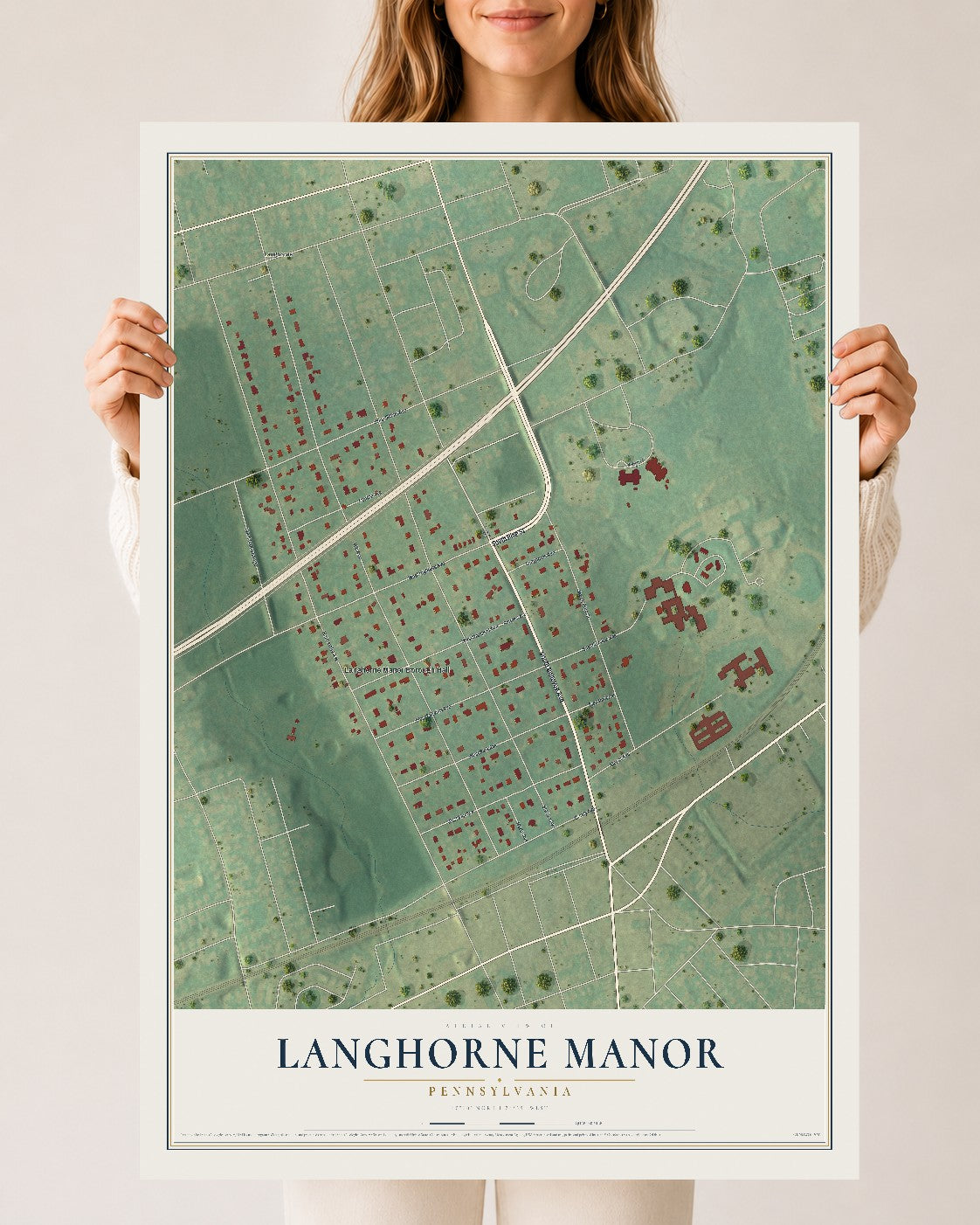 Map of Langhorne Manor, Pennsylvania, 24 x 36 inch unframed archival matte print