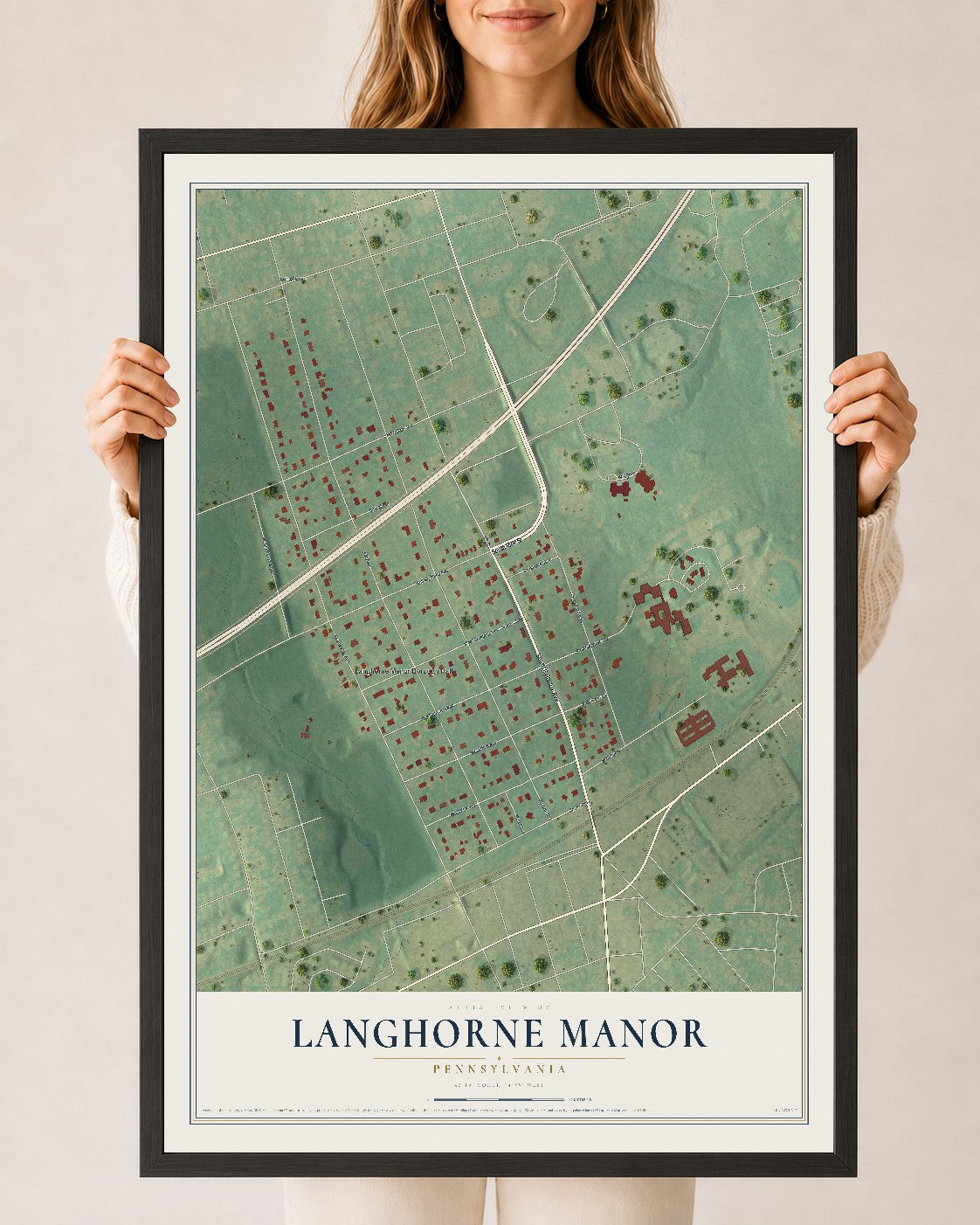 Map of Langhorne Manor, Pennsylvania, 24 x 36 inch print in a black wood frame