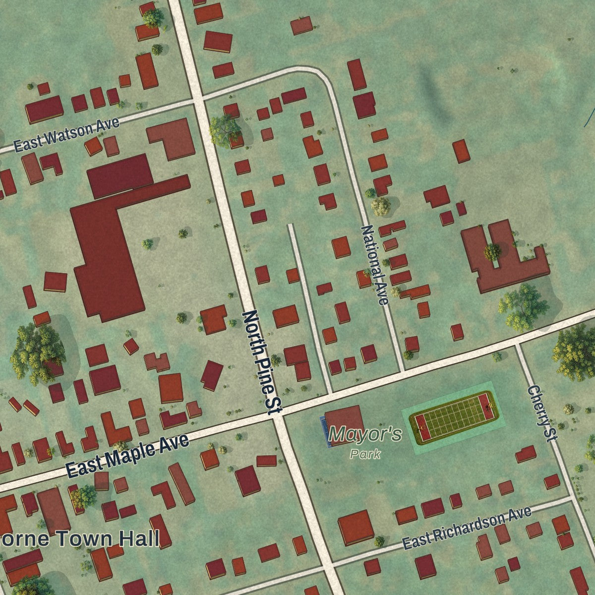Close-up of the map of Langhorne, Pennsylvania print showing street and building detail