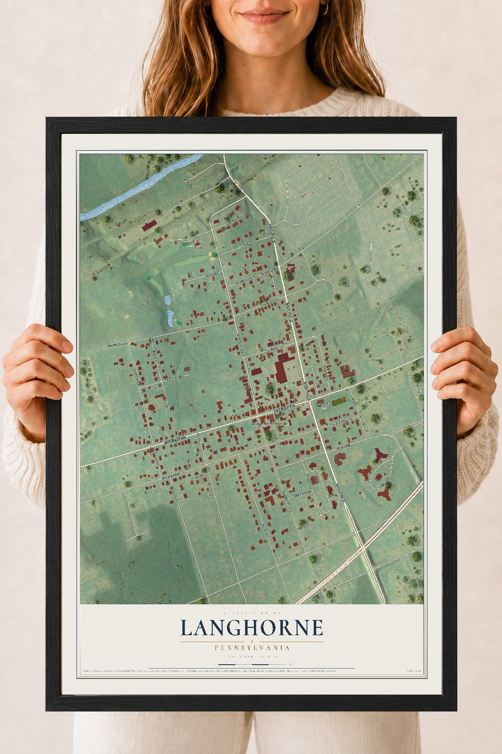 Map of Langhorne, Pennsylvania, 18 x 24 inch print in a black wood frame