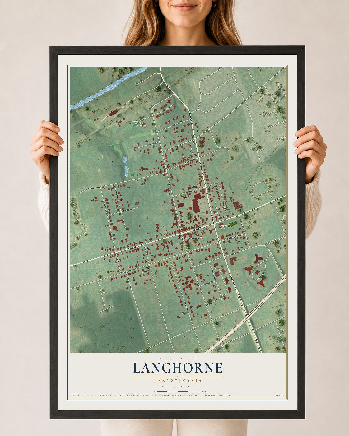 Map of Langhorne, Pennsylvania, 24 x 36 inch print in a black wood frame