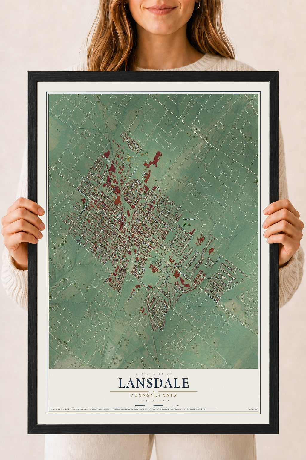 Map of Lansdale, Pennsylvania, 18 x 24 inch print in a black wood frame