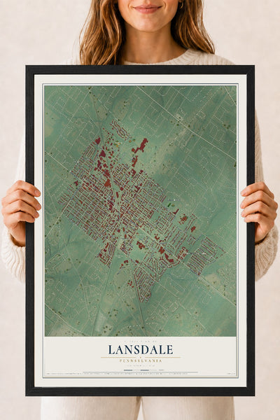 Map of Lansdale, Pennsylvania, 18 x 24 inch print in a black wood frame