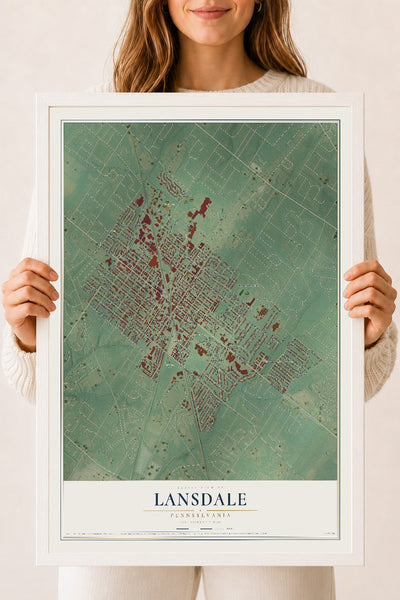 Map of Lansdale, Pennsylvania, 18 x 24 inch print in a white wood frame