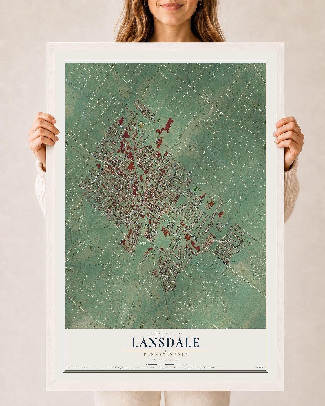 Map of Lansdale, Pennsylvania, 24 x 36 inch print in a white wood frame