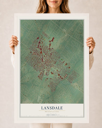 Map of Lansdale, Pennsylvania, 24 x 36 inch print in a white wood frame