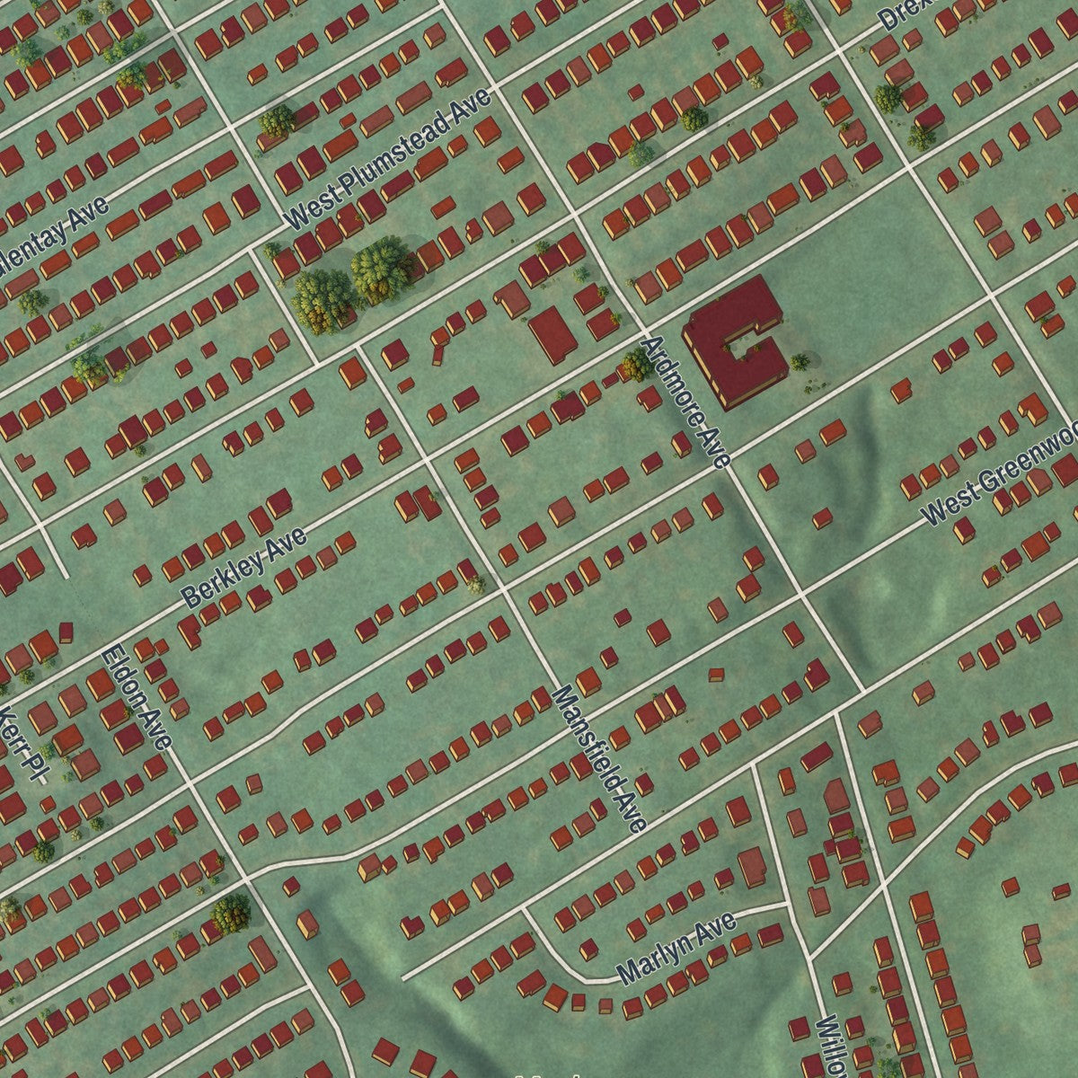 Close-up of the map of Lansdowne, Pennsylvania print showing street and building detail