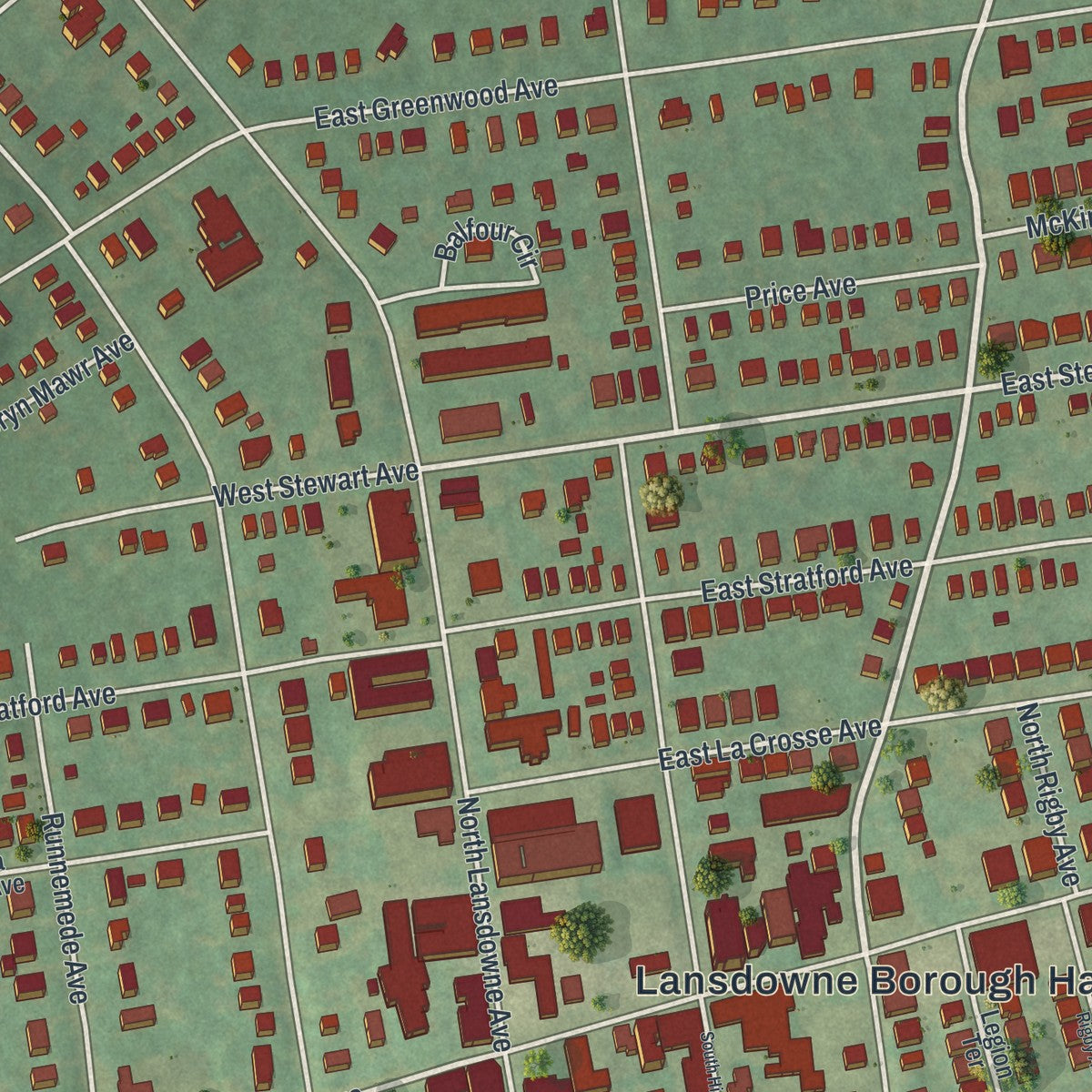 Second close-up of the map of Lansdowne, Pennsylvania print showing more streets and buildings