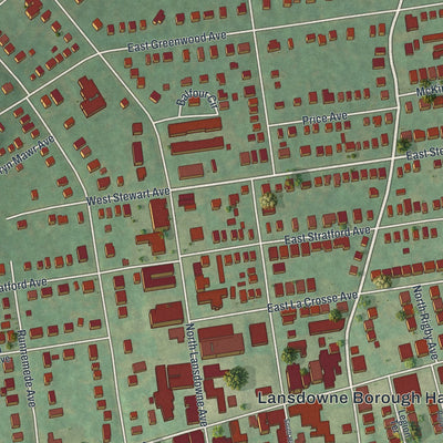 Second close-up of the map of Lansdowne, Pennsylvania print showing more streets and buildings
