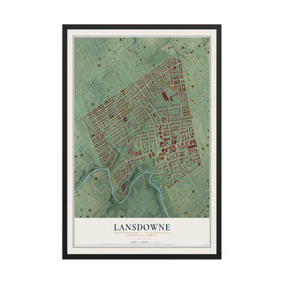 Map of Lansdowne, Pennsylvania, 12 x 18 inch print in a black wood frame