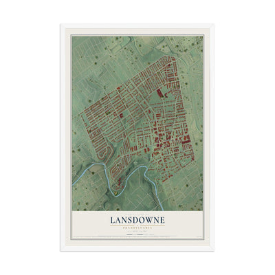 Map of Lansdowne, Pennsylvania, 12 x 18 inch print in a white wood frame