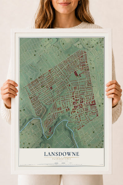 Map of Lansdowne, Pennsylvania, 18 x 24 inch print in a white wood frame