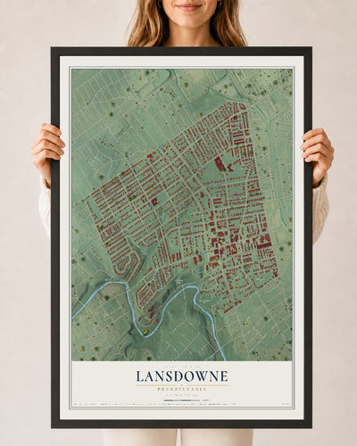 Map of Lansdowne, Pennsylvania, 24 x 36 inch print in a black wood frame