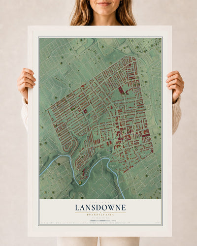 Map of Lansdowne, Pennsylvania, 24 x 36 inch print in a white wood frame