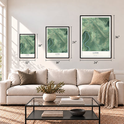 Lanse, Pennsylvania map in 12 x 18, 18 x 24 and 24 x 36 inch sizes above a sofa