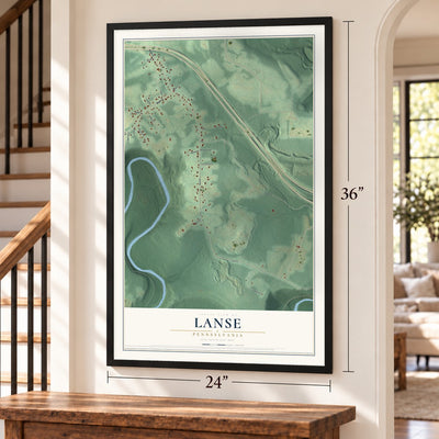 Lanse, Pennsylvania map, 24 x 36 inch print in a black frame by a staircase