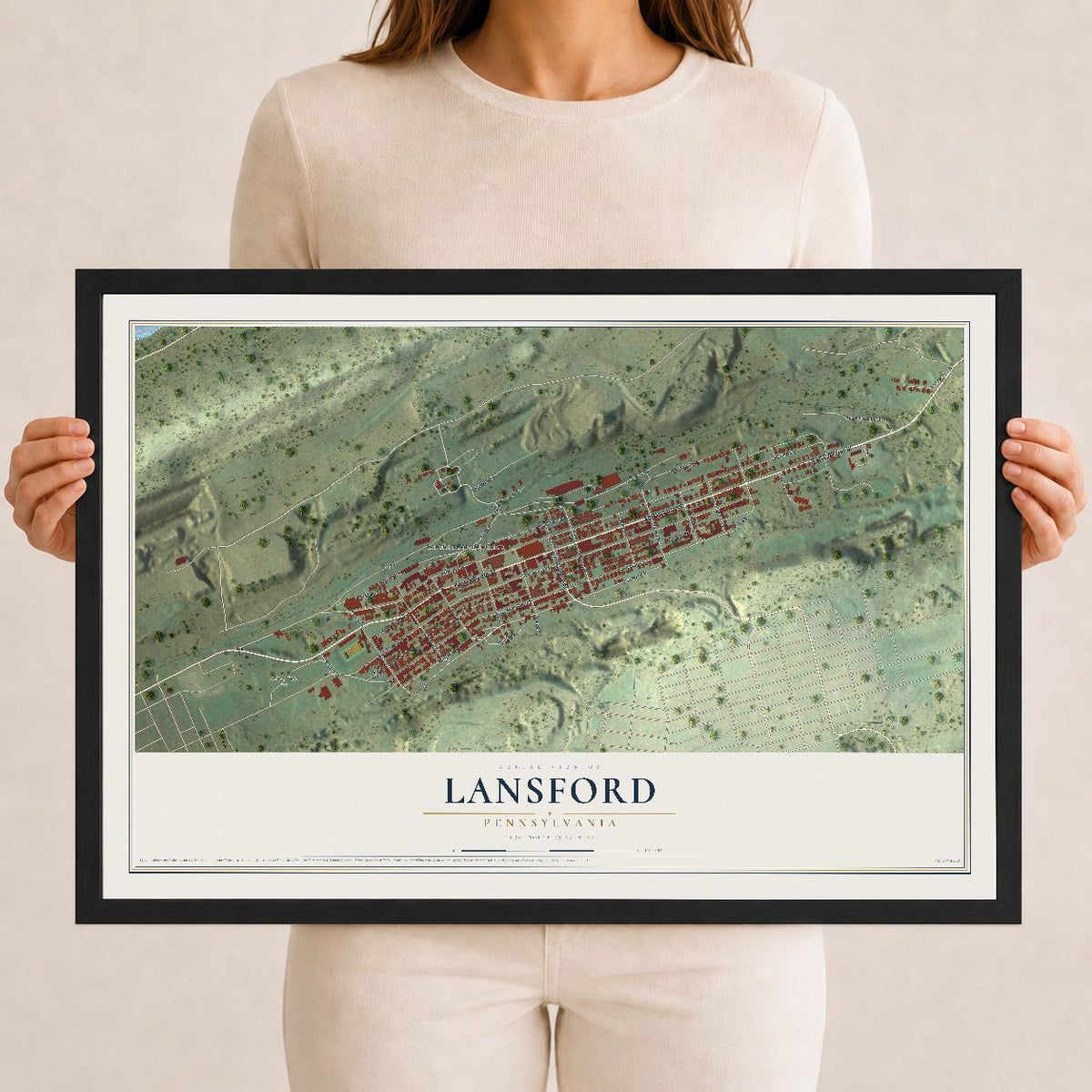 Map of Lansford, Pennsylvania, 12 x 18 inch print in a black wood frame
