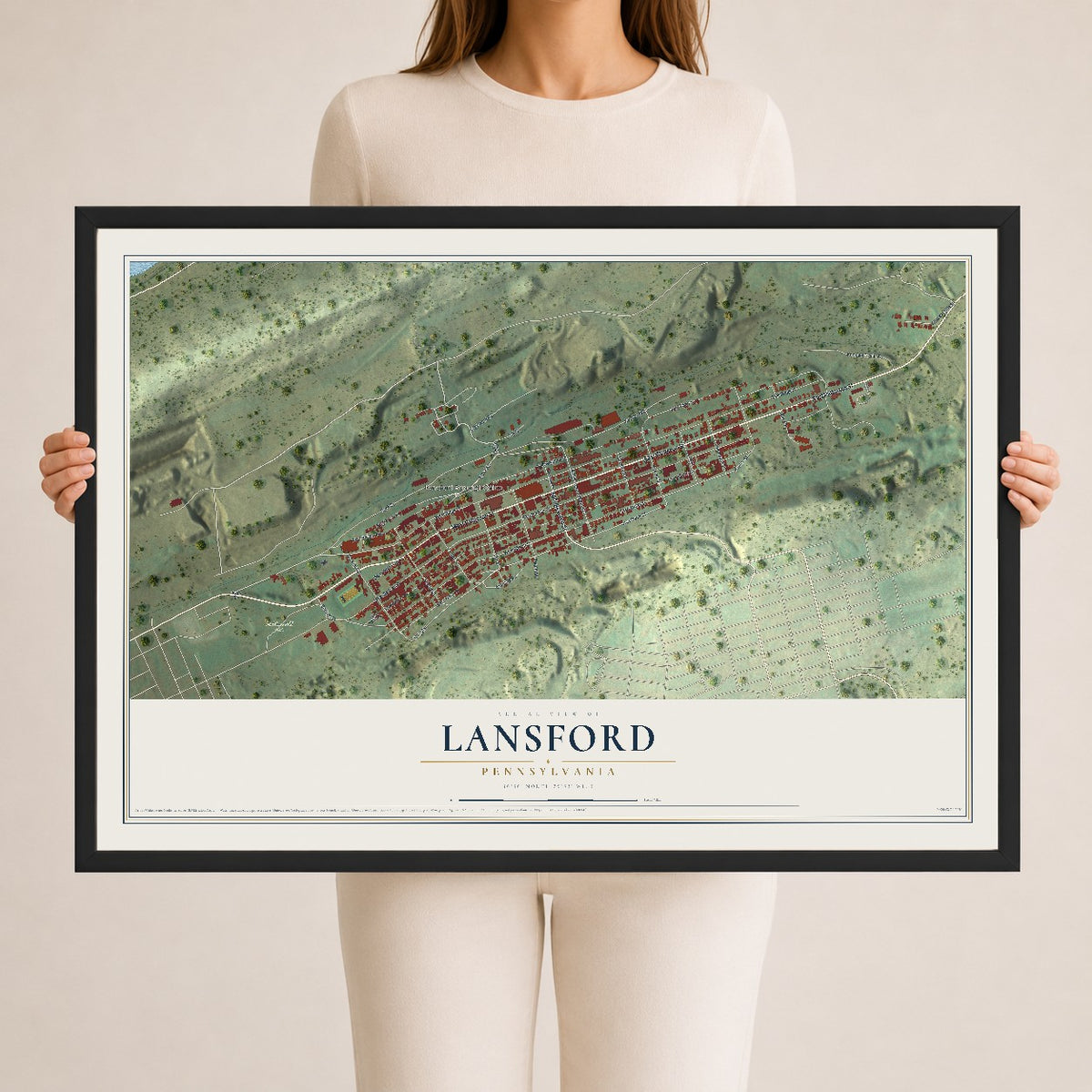 Map of Lansford, Pennsylvania, 24 x 36 inch print in a black wood frame