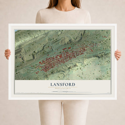 Map of Lansford, Pennsylvania, 24 x 36 inch print in a white wood frame