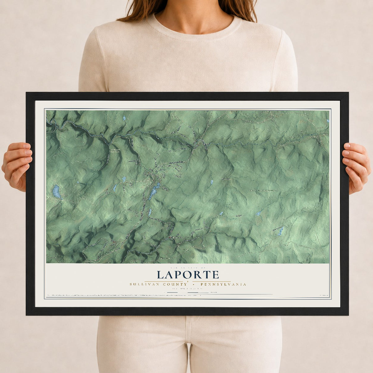 Map of Laporte, Sullivan County, Pennsylvania, 12 x 18 inch print in a black wood frame