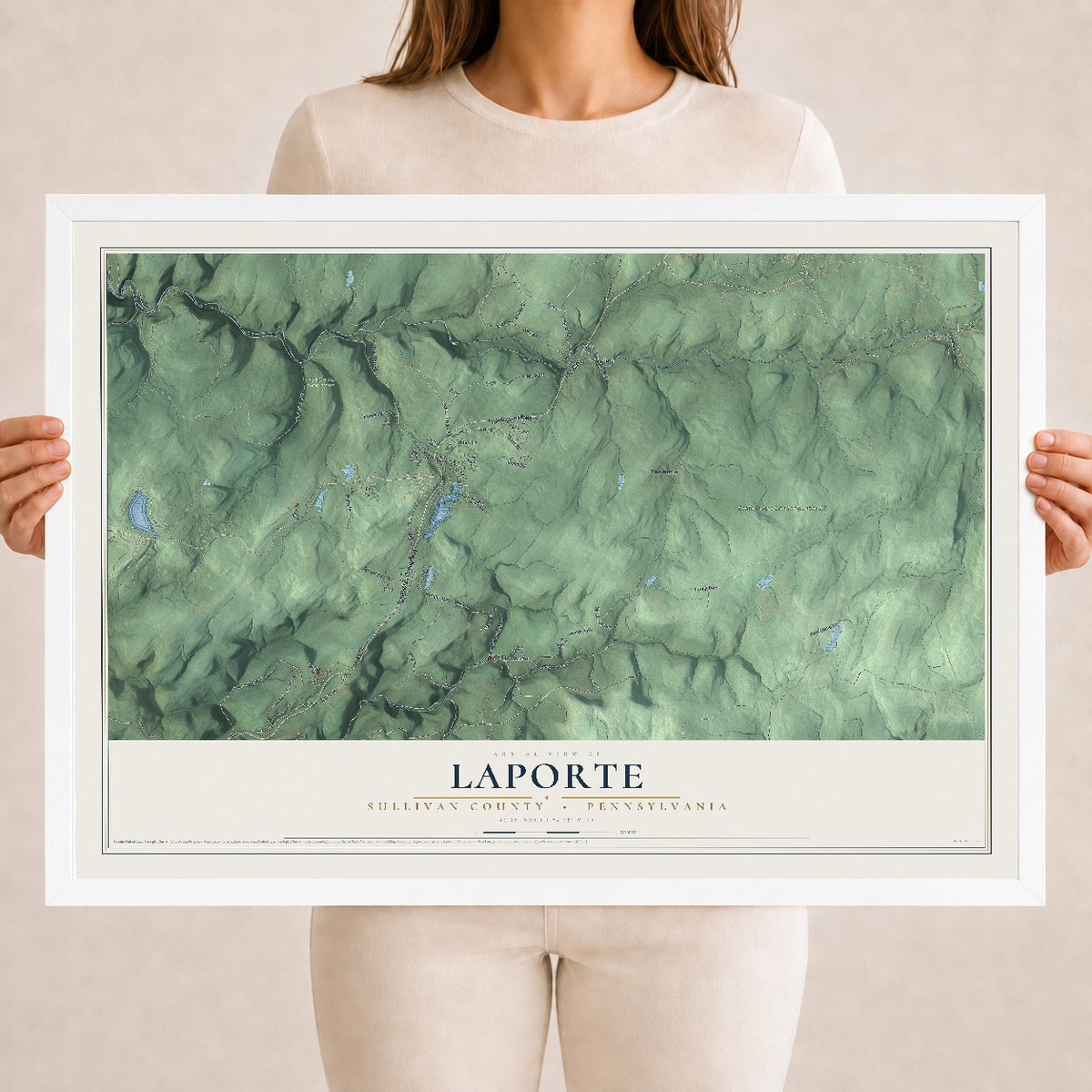 Map of Laporte, Sullivan County, Pennsylvania, 18 x 24 inch print in a white wood frame