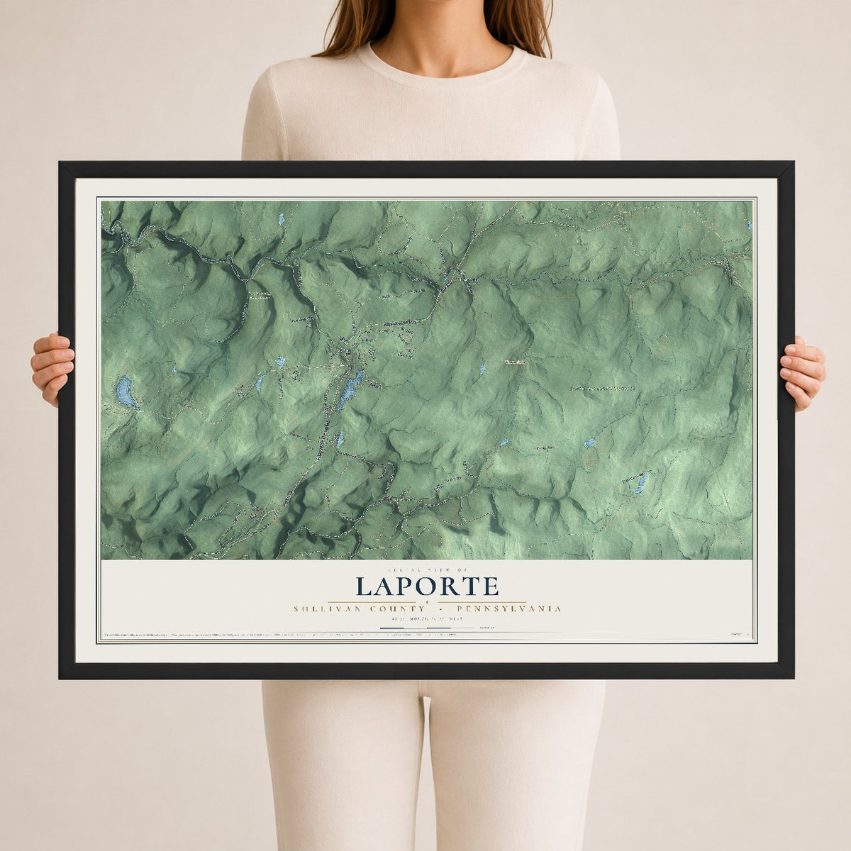 Map of Laporte, Sullivan County, Pennsylvania, 24 x 36 inch print in a black wood frame