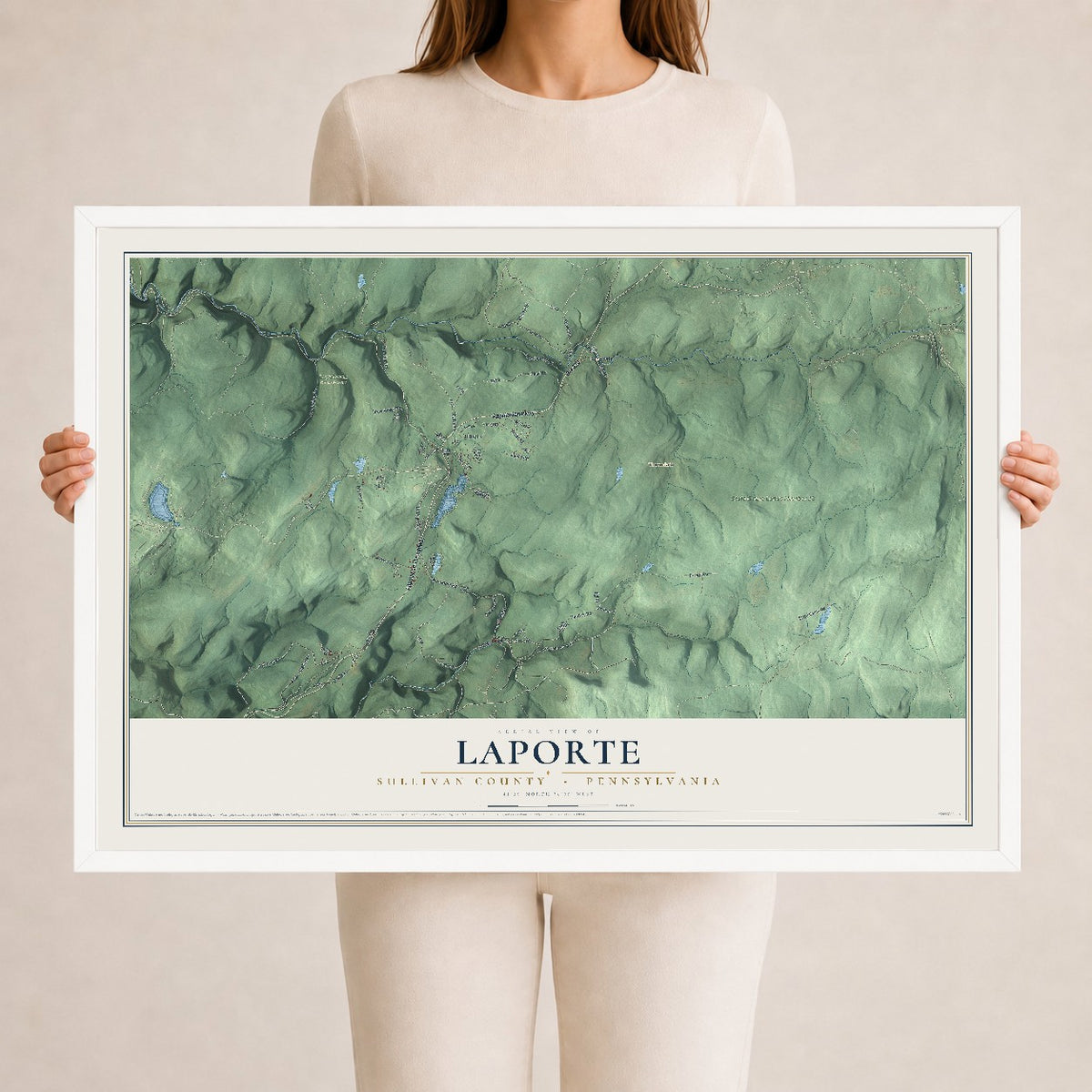Map of Laporte, Sullivan County, Pennsylvania, 24 x 36 inch print in a white wood frame