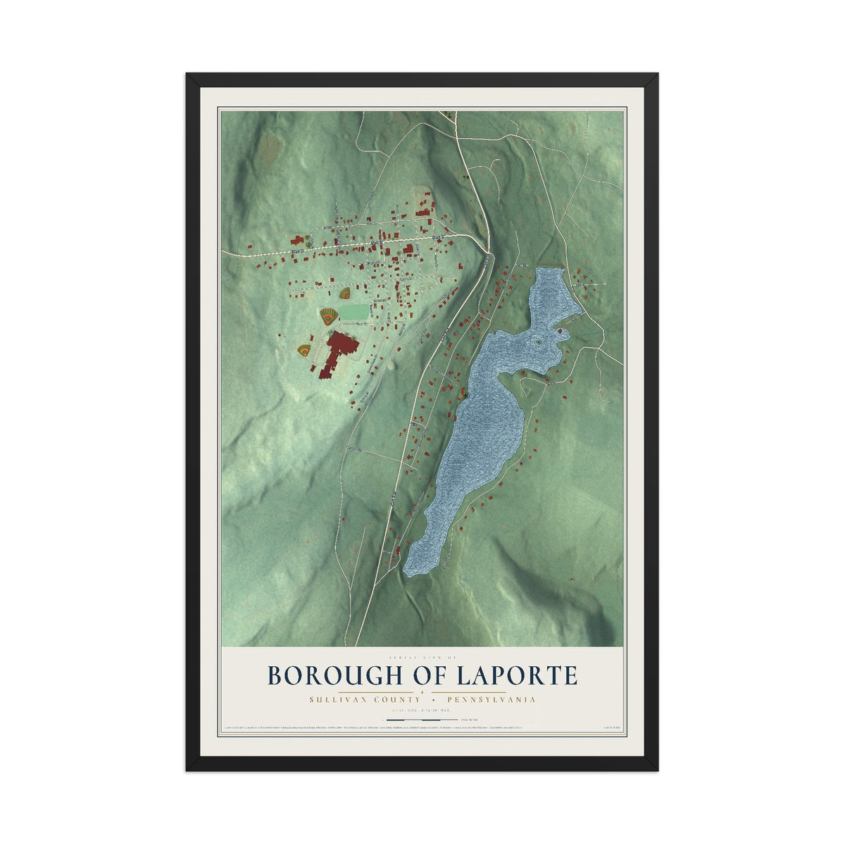 Map of the Borough of Laporte, Sullivan County, Pennsylvania, 12 x 18 inch print in a black wood frame