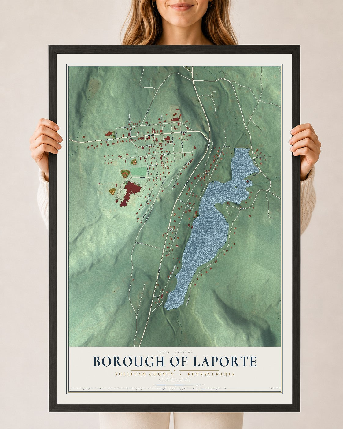 Map of the Borough of Laporte, Sullivan County, Pennsylvania, 24 x 36 inch print in a black wood frame