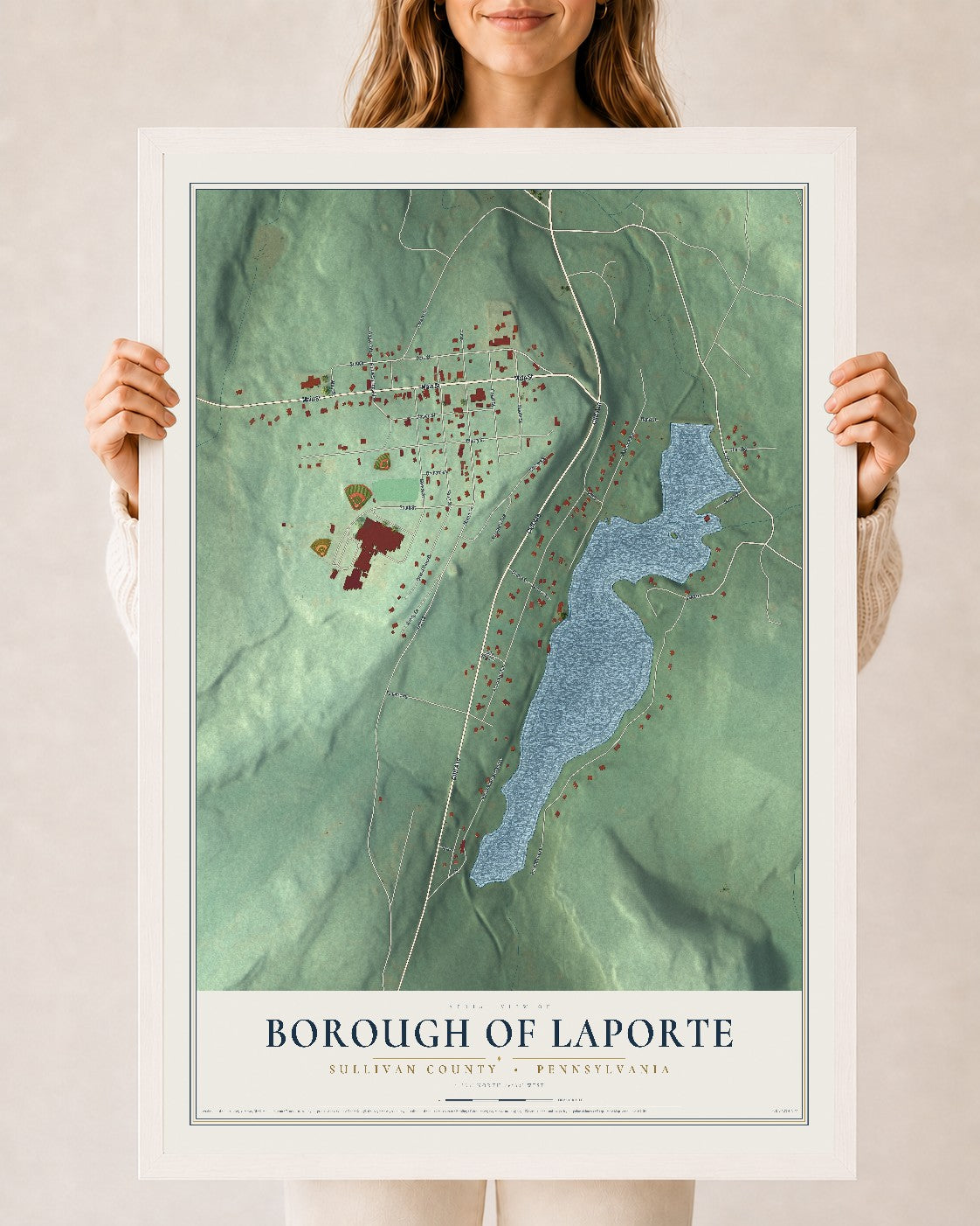 Map of the Borough of Laporte, Sullivan County, Pennsylvania, 24 x 36 inch print in a white wood frame