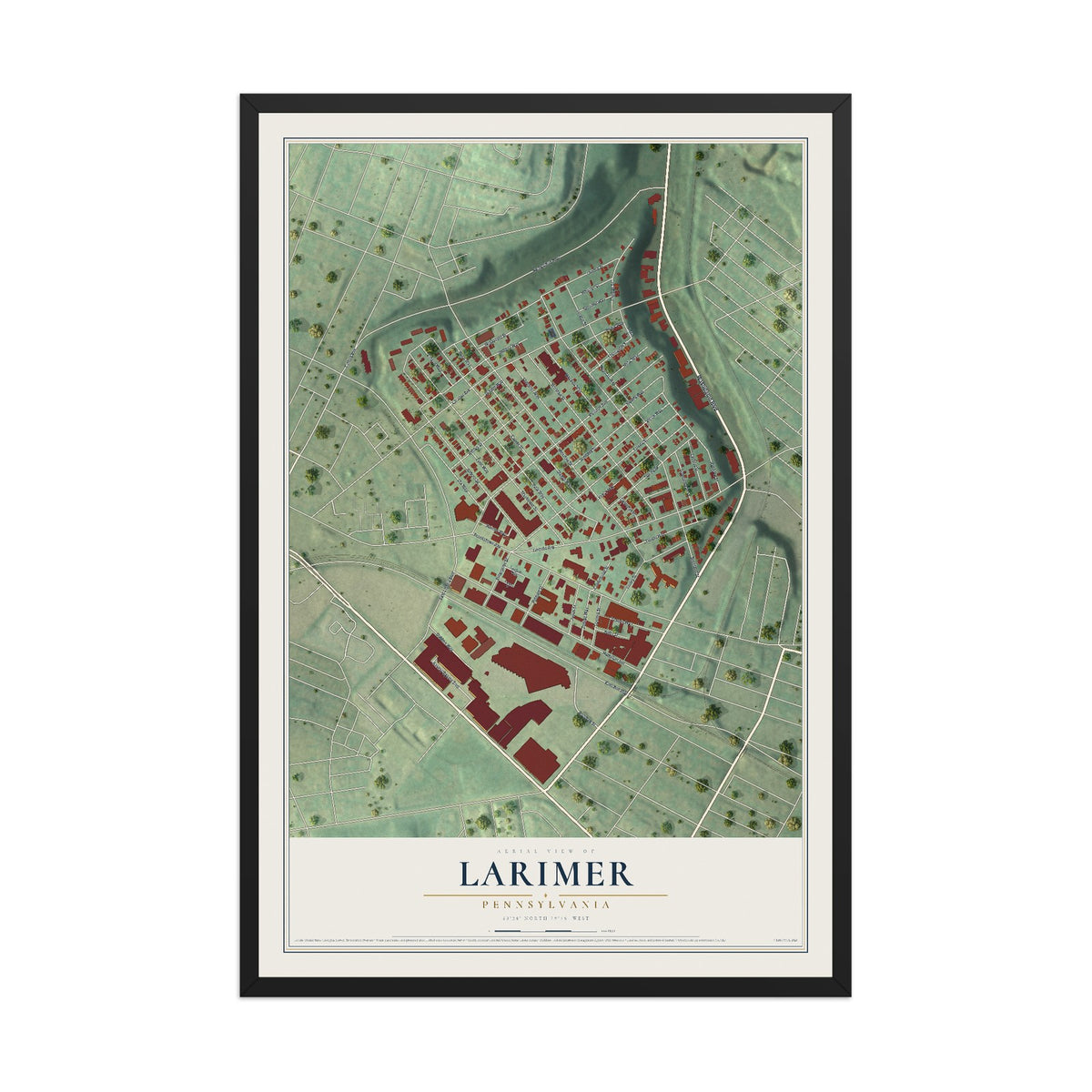 Map of Larimer, Pennsylvania, 12 x 18 inch print in a black wood frame