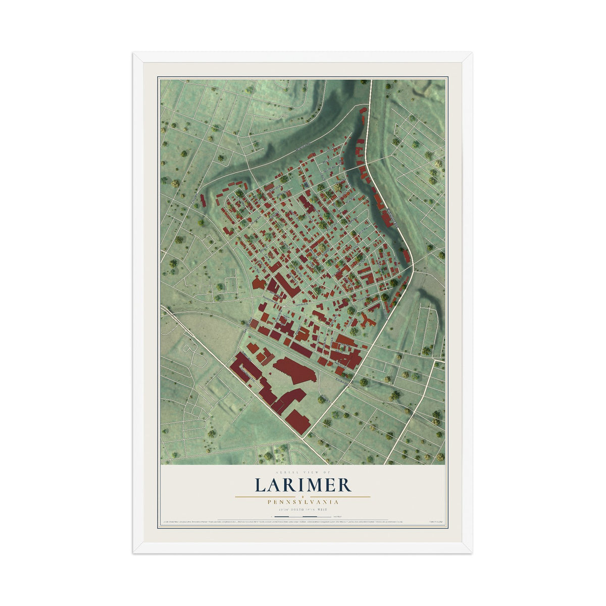 Map of Larimer, Pennsylvania, 12 x 18 inch print in a white wood frame