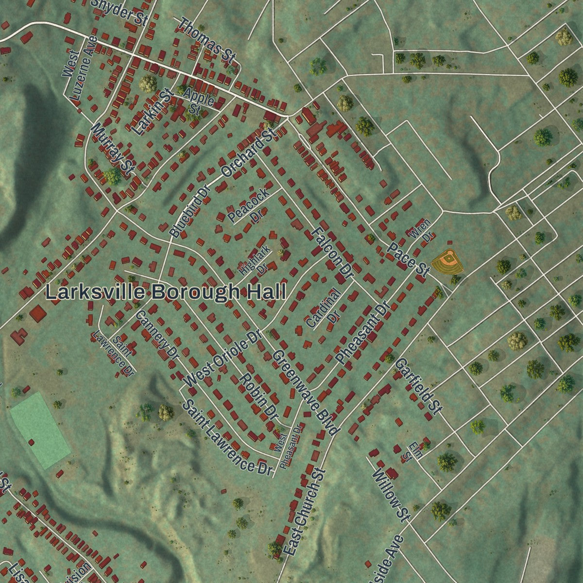 Close-up of the map of Larksville, Pennsylvania print showing street and building detail