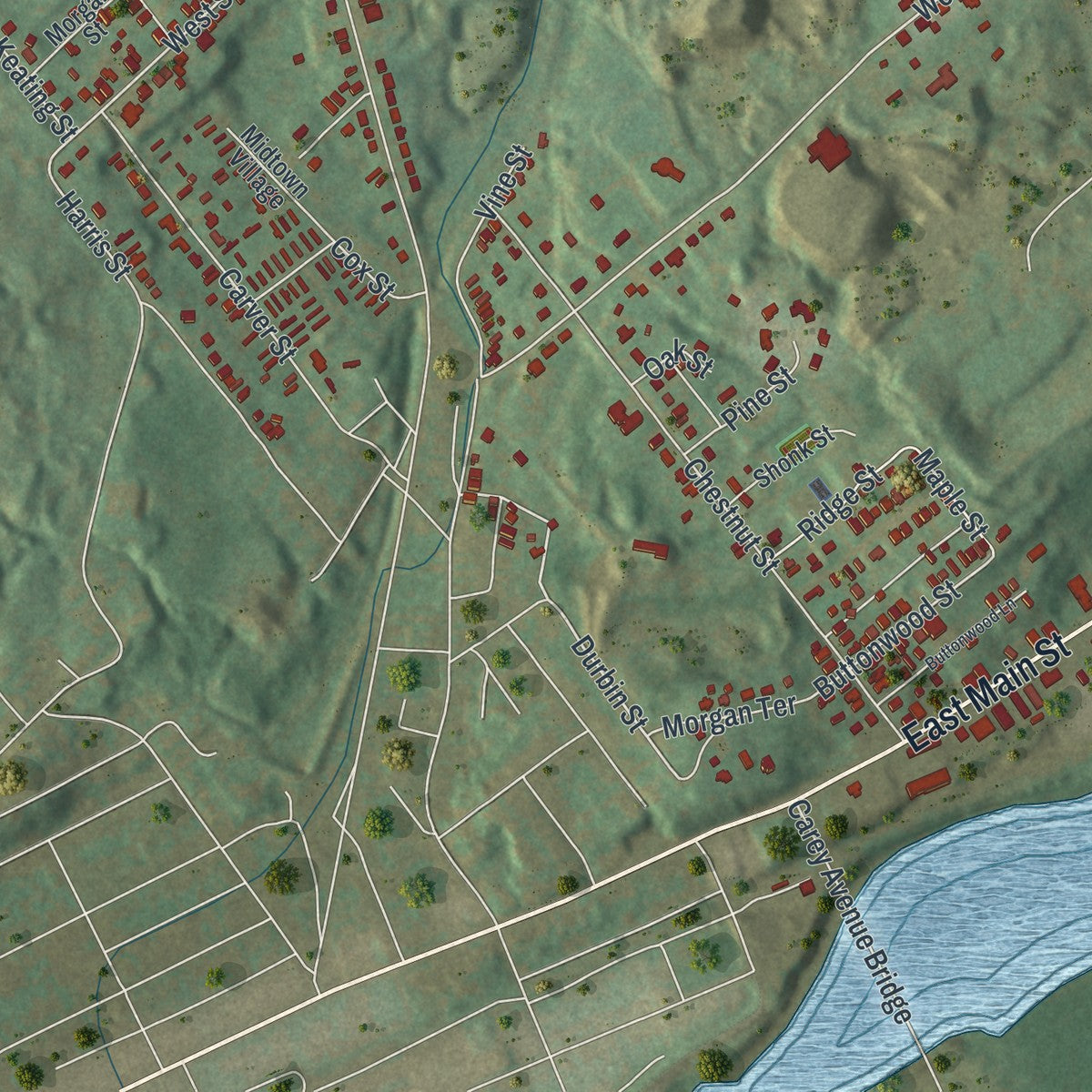 Second close-up of the map of Larksville, Pennsylvania print showing more streets and buildings