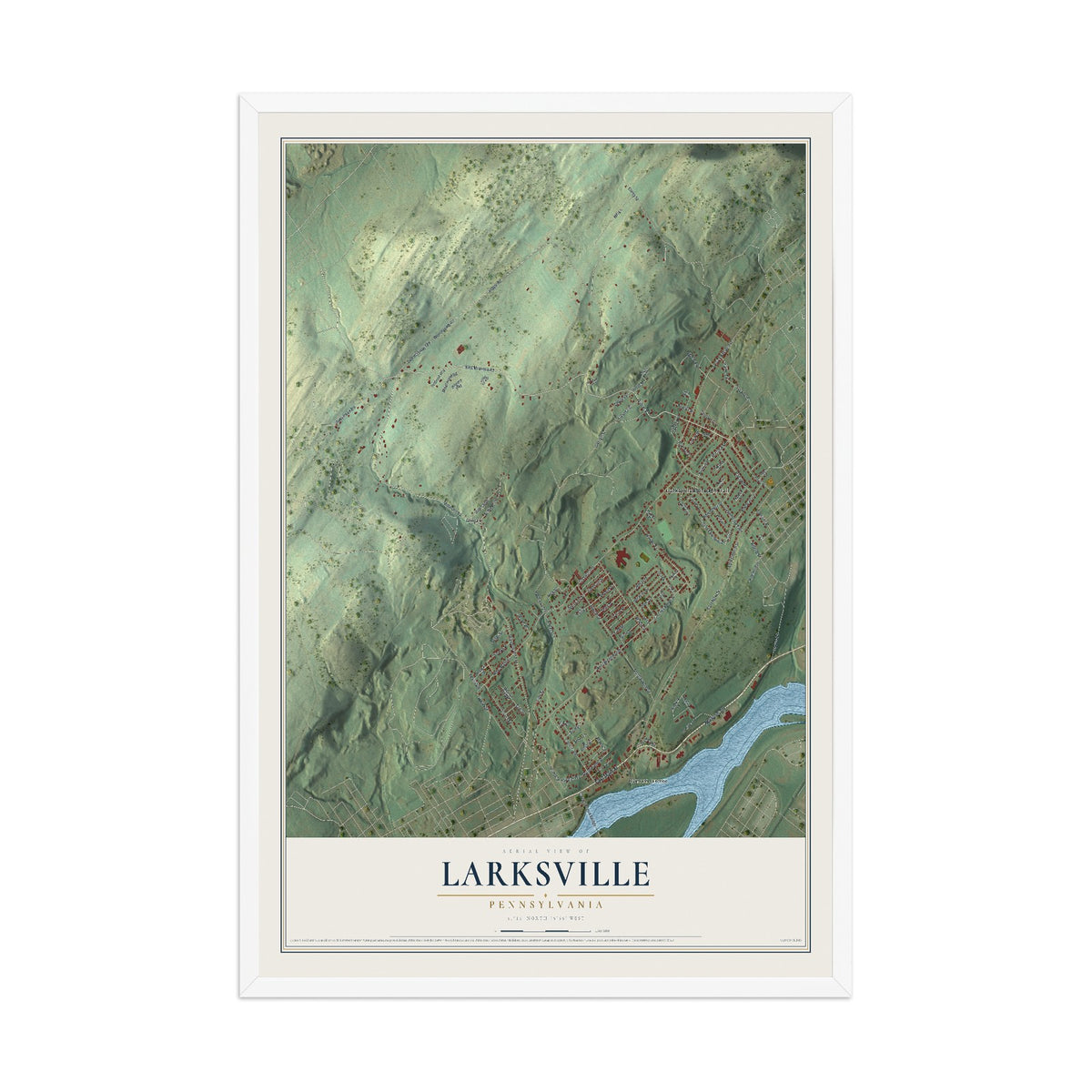 Map of Larksville, Pennsylvania, 12 x 18 inch print in a white wood frame
