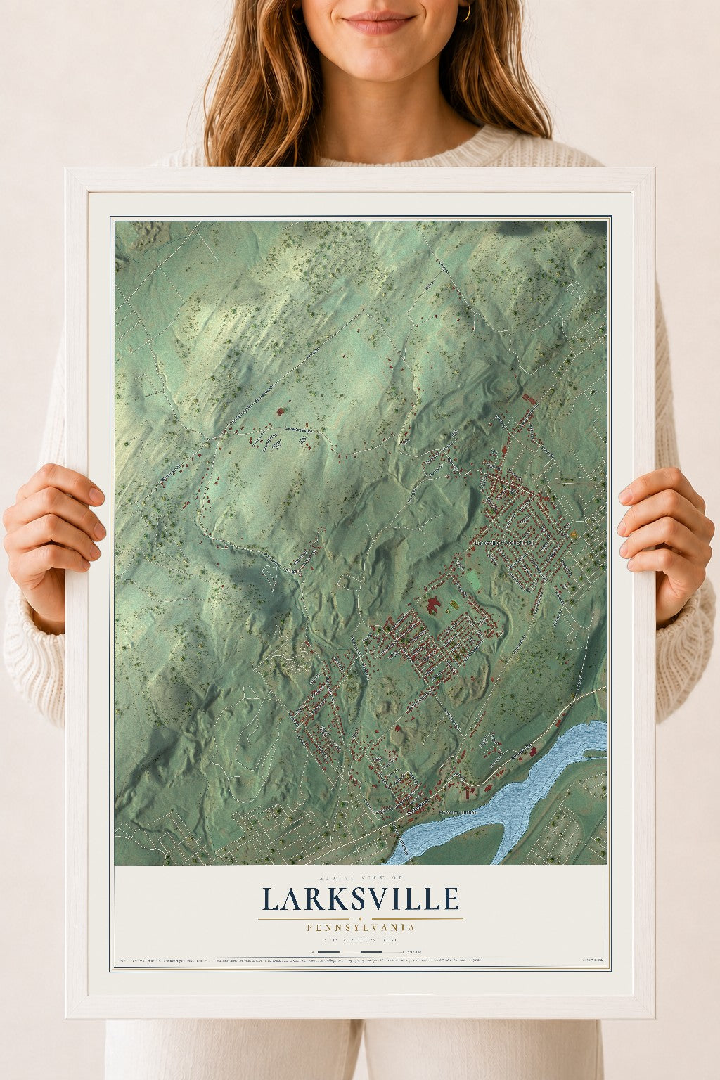 Map of Larksville, Pennsylvania, 18 x 24 inch print in a white wood frame