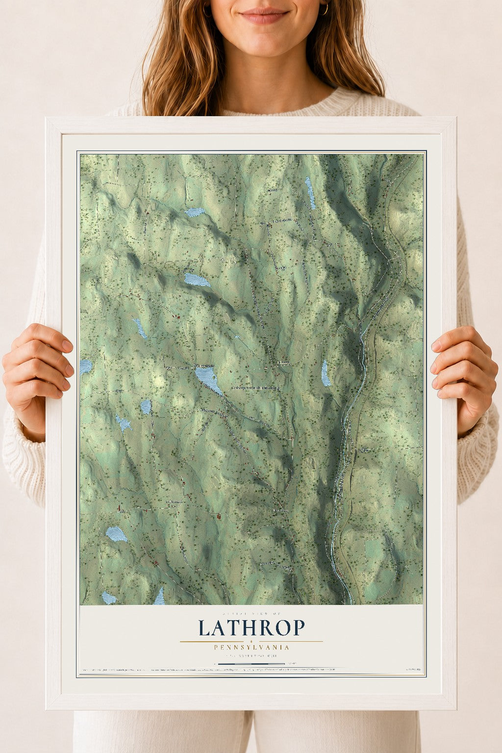 Map of Lathrop, Pennsylvania, 18 x 24 inch print in a white wood frame