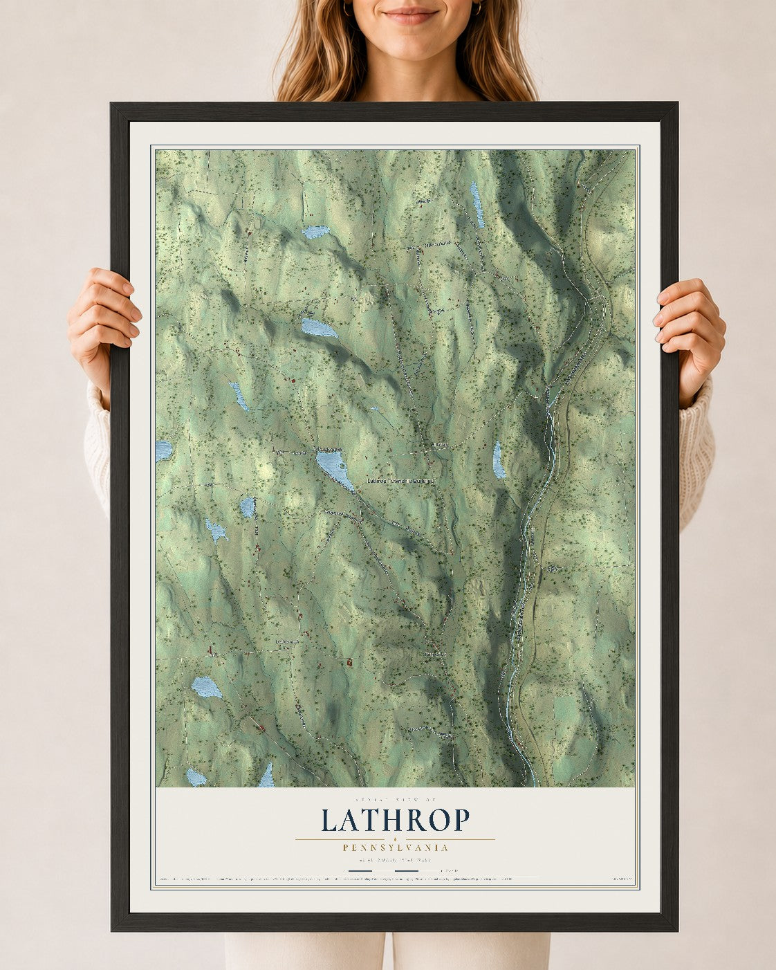 Map of Lathrop, Pennsylvania, 24 x 36 inch print in a black wood frame