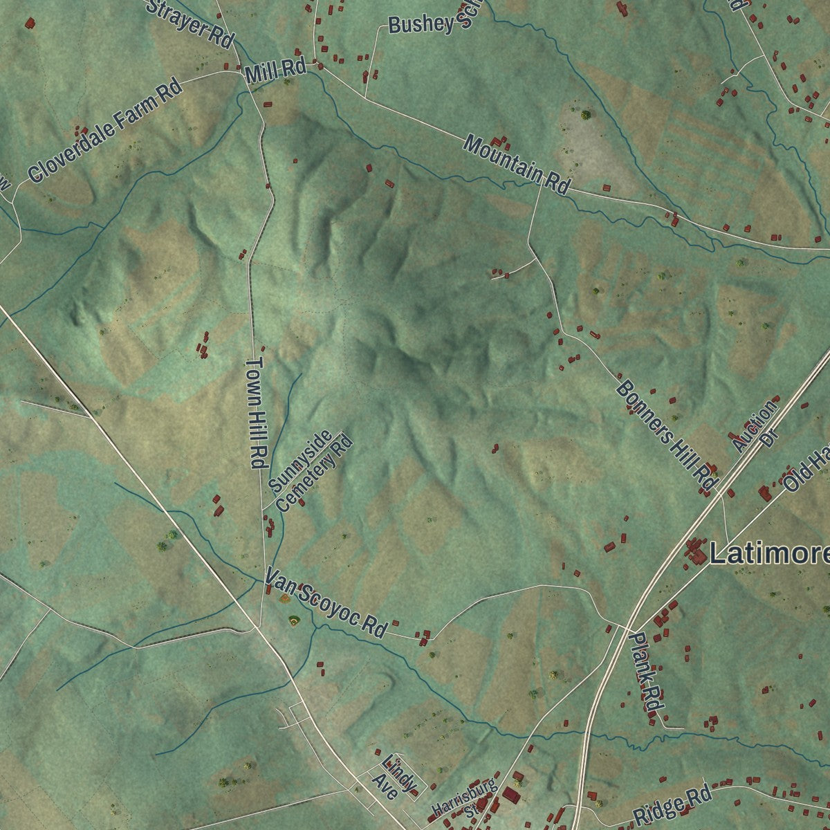 Second close-up of the map of Latimore, Pennsylvania print showing more streets and buildings