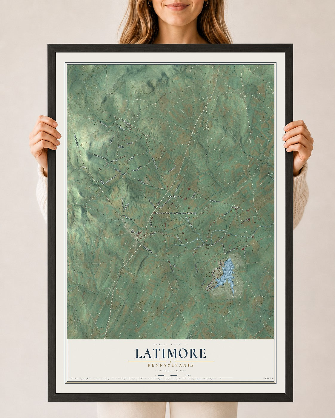 Map of Latimore, Pennsylvania, 24 x 36 inch print in a black wood frame
