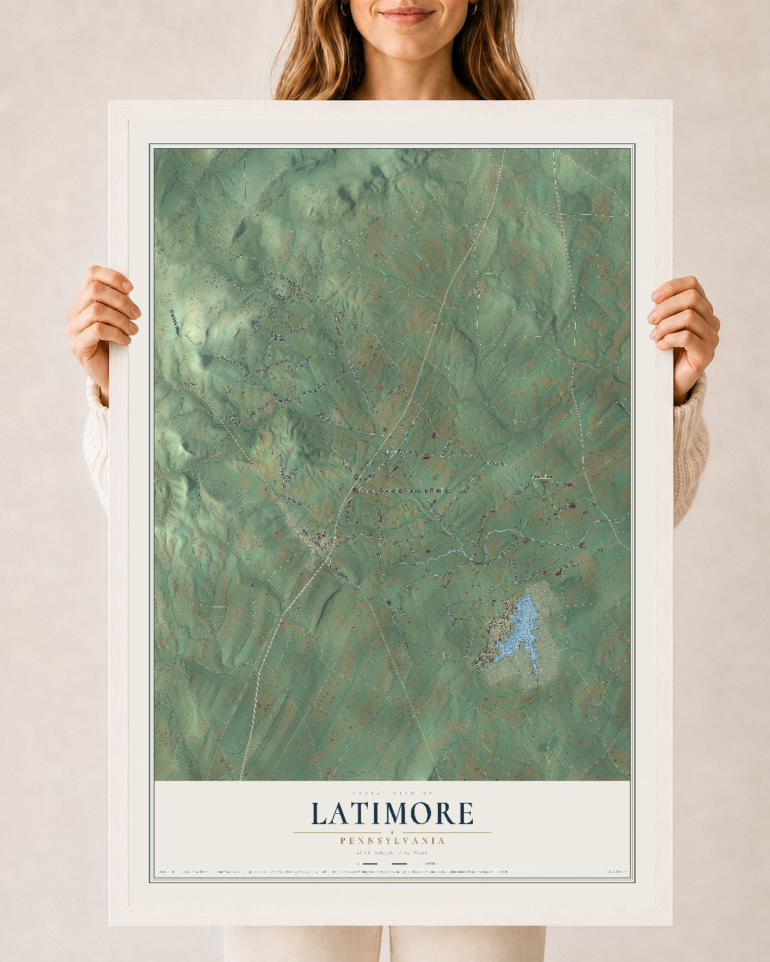 Map of Latimore, Pennsylvania, 24 x 36 inch print in a white wood frame