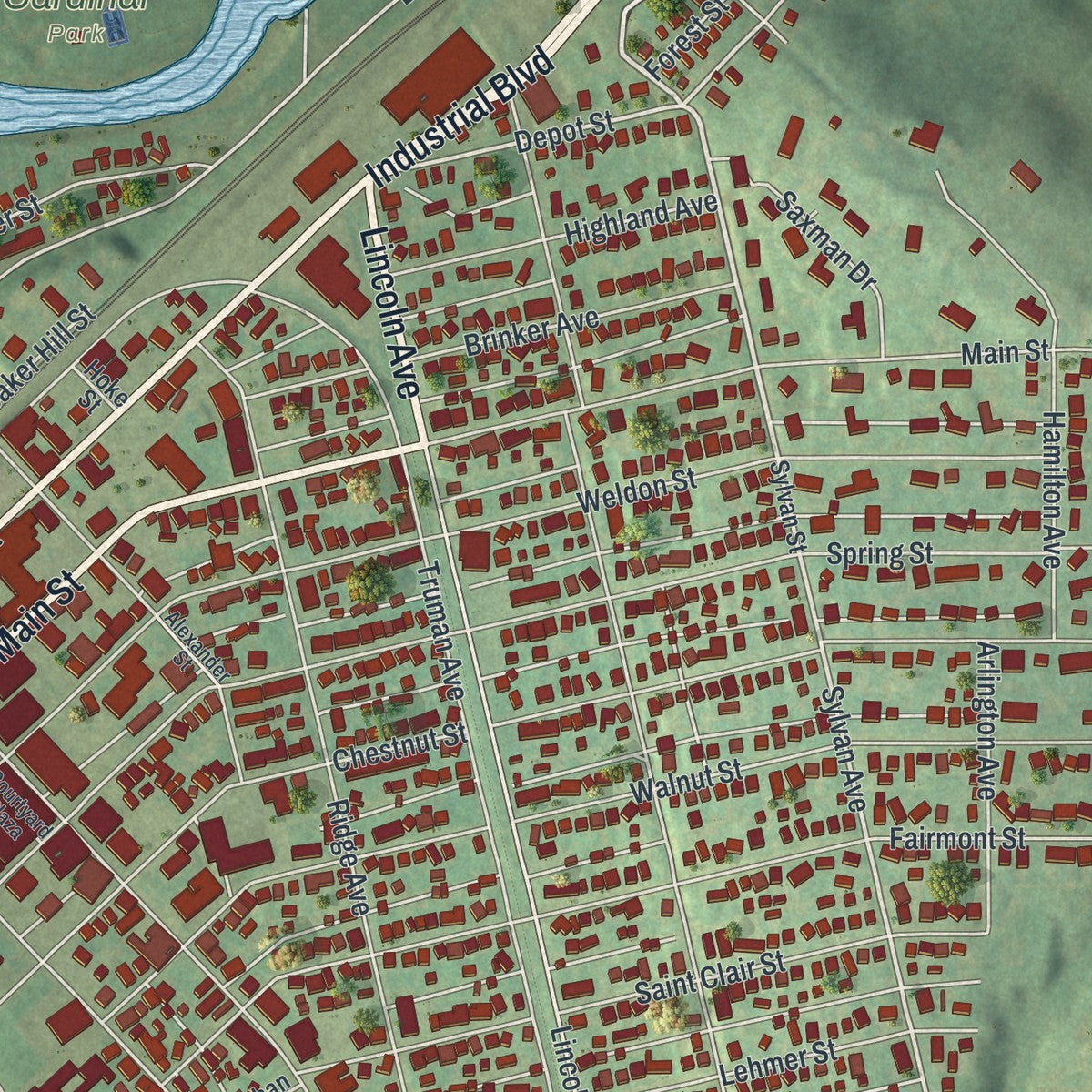 Close-up of the map of Latrobe, Pennsylvania print showing street and building detail