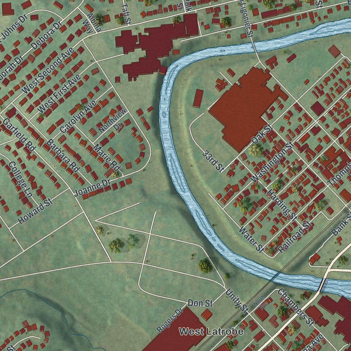 Second close-up of the map of Latrobe, Pennsylvania print showing more streets and buildings